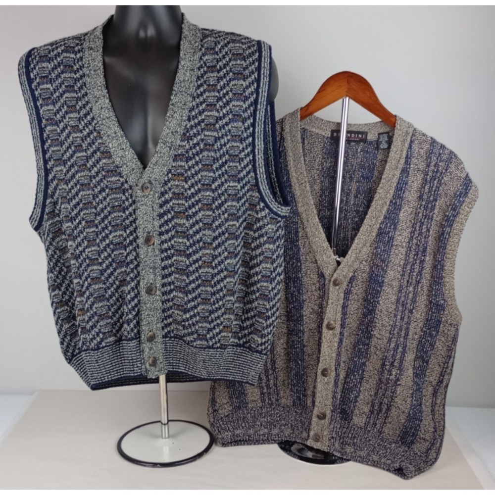 Lot of 2 Brandini Men's L Gray Blue Italian Wool Blend Knit Sweater Vests
